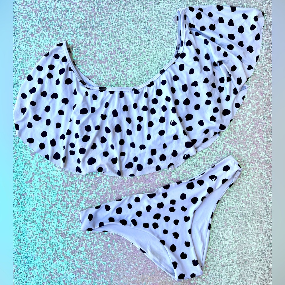 Abstract Paint Polka Dot Black and White Ruffle Top Bikini